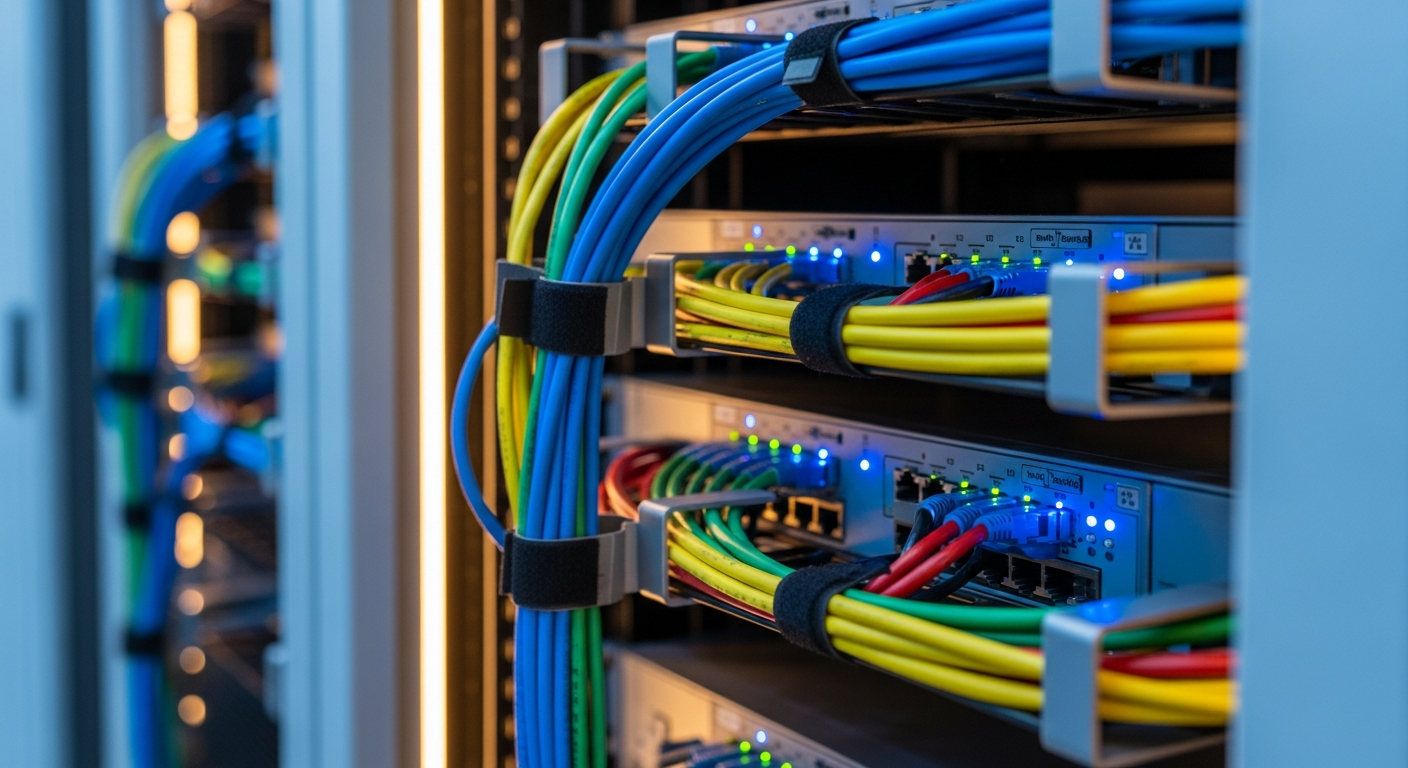 Network infrastructure with organized cables and status lights